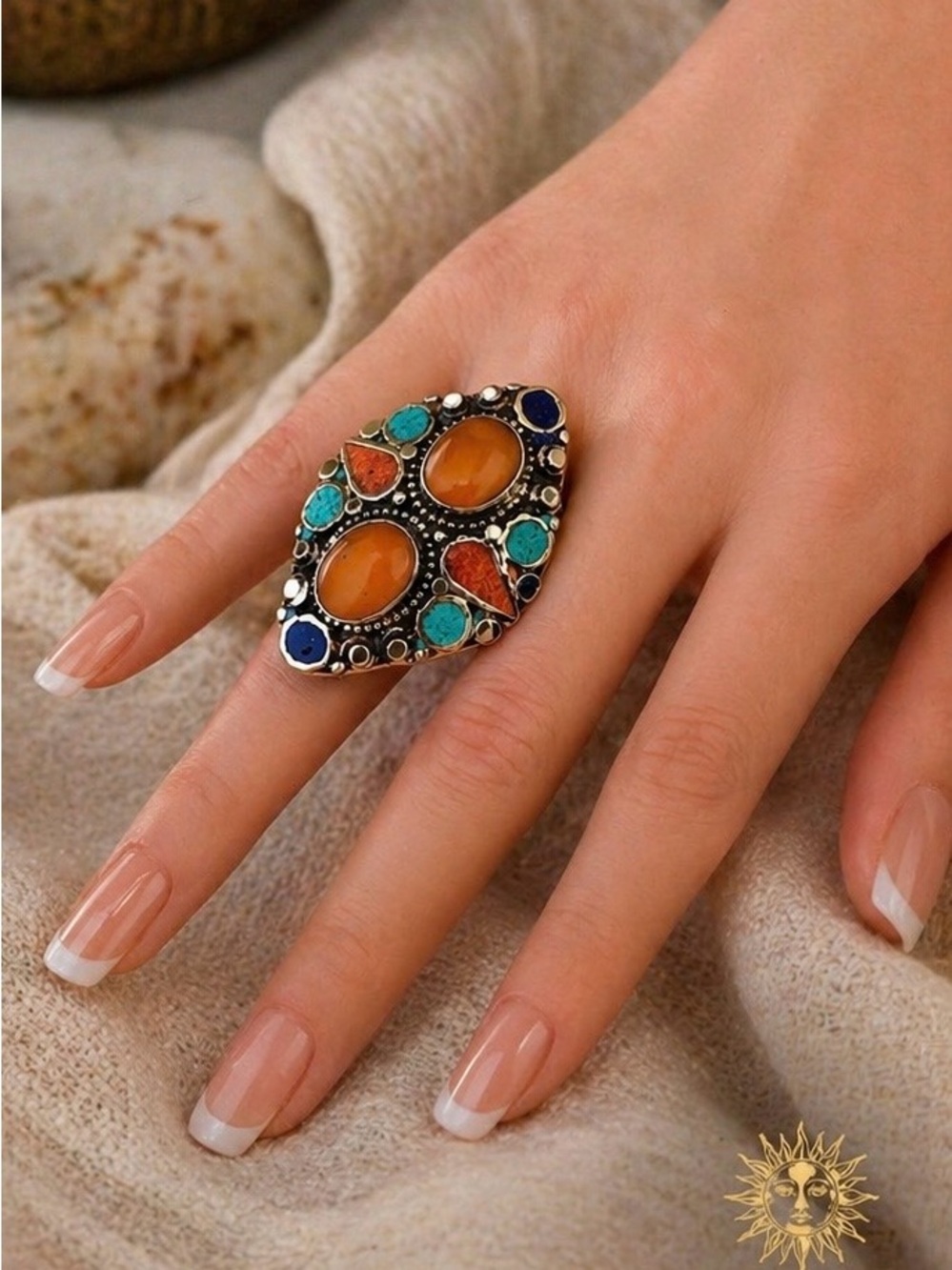 Tibetan Statement Ring Multicolor Stone Silver Tone Adjustable